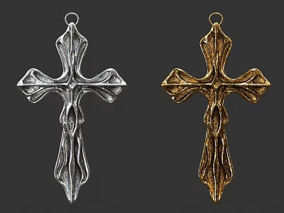 Silver and Gold Leaf Shaped Cross Pendant Intricate Design Jewelry Accessory 3d model