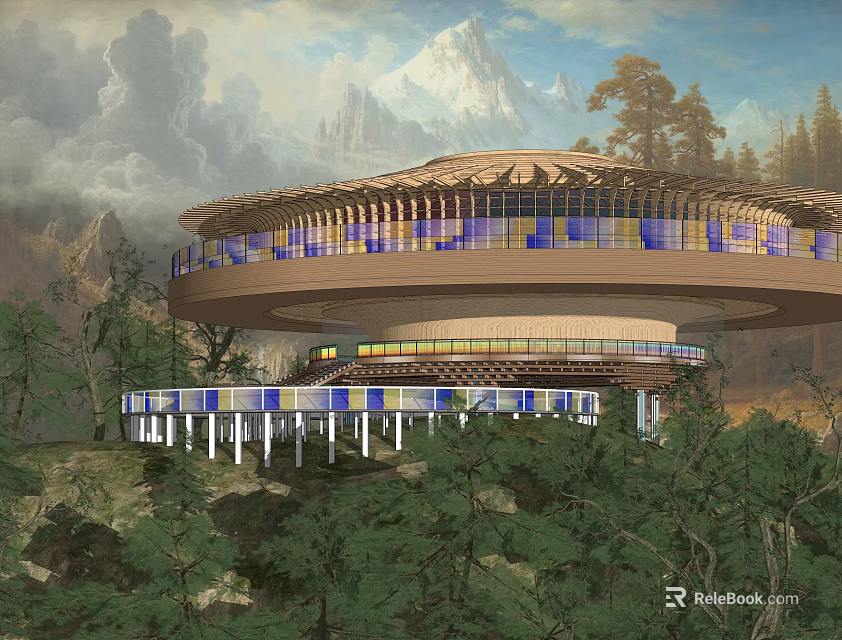 Modern Circular Cultural Center Building With Glass Facade And Mountain View in Natural Surroundings 3d model 