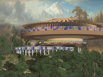 Modern Circular Cultural Center Building With Glass Facade And Mountain View in Natural Surroundings 3d model