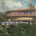 Modern Circular Cultural Center Building With Glass Facade And Mountain View in Natural Surroundings