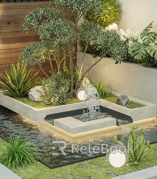 Simple courtyard flower pond water feature model