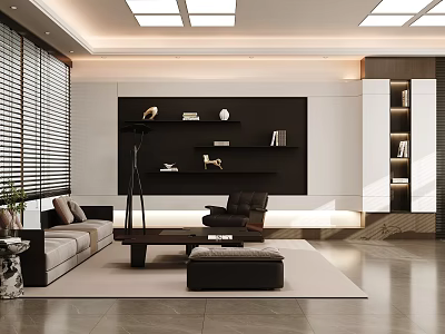 Modern Office Interior Design With Sofa Coffee Table Shelves And Floor to Ceiling Windows 3d model