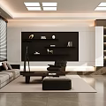 Modern Office Interior Design With Sofa Coffee Table Shelves And Floor to Ceiling Windows