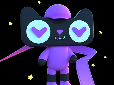 Cute Purple Cartoon Character With Black Head Big Eyes Yellow Stars And Ribbon 3d model