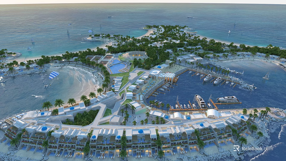 Aerial Planning of Tropical Coastal Resort With Beach Marina Yachts and Palm Trees 3d model 