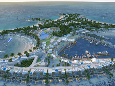 Aerial Planning of Tropical Coastal Resort With Beach Marina Yachts and Palm Trees 3d model