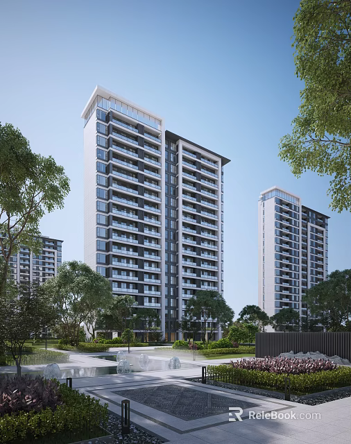 Modern High Rise Residential Buildings With Green Landscaping And Trees Balconies And Large Windows 3d model 
