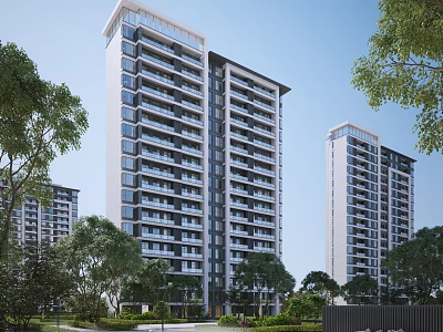 Modern High Rise Residential Buildings With Green Landscaping And Trees Balconies And Large Windows 3d model