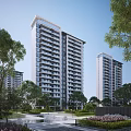 Modern High Rise Residential Buildings With Green Landscaping And Trees Balconies And Large Windows