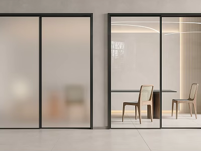 Modern Glass Sliding Doors With Black Frame For Contemporary Dining Room Interior 3d model