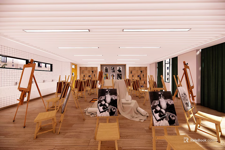 School Art Classroom Featuring Easels Drawing Boards Plaster Statues Wooden Floors White Walls and Artworks 3d model 