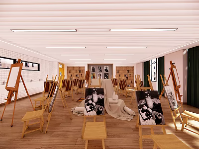 School Art Classroom Featuring Easels Drawing Boards Plaster Statues Wooden Floors White Walls and Artworks 3d model