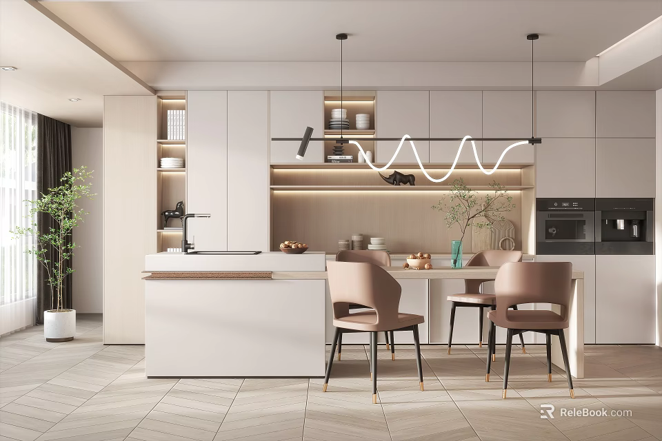 Modern Kitchen Interior With White Cabinets Island Counter Dining Chairs And Pendant Lights 3d model 