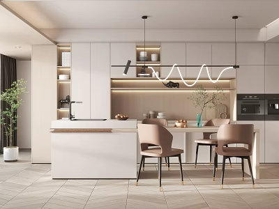 Modern Kitchen Interior With White Cabinets Island Counter Dining Chairs And Pendant Lights 3d model