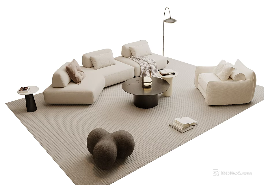 Beige L Shaped Sofa And Coffee Table Set With Single Sofa Floor Lamp Spherical Ottomans 3d model 