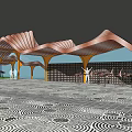 Modern Wave Shaped Copper Colored Pergola With Green Lawn And Patterned Paving 3d model