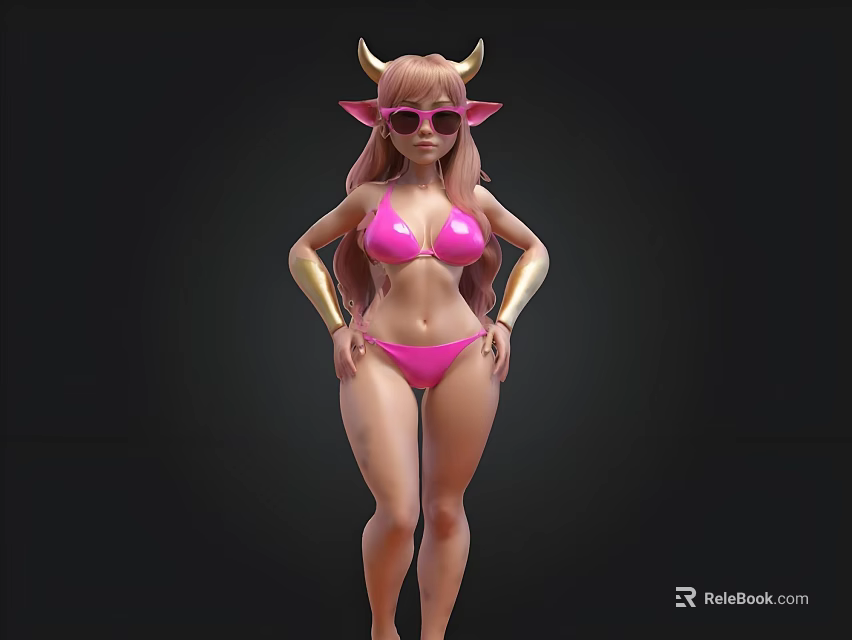 Woman In Pink Bikini Wearing Pink Sunglasses With Golden Horns And Ears 3d model 