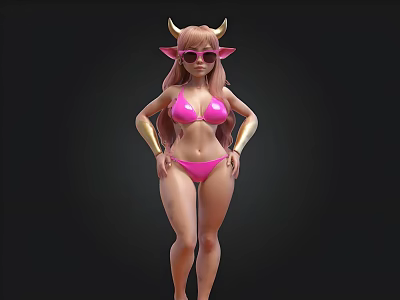 Woman In Pink Bikini Wearing Pink Sunglasses With Golden Horns And Ears 3d model