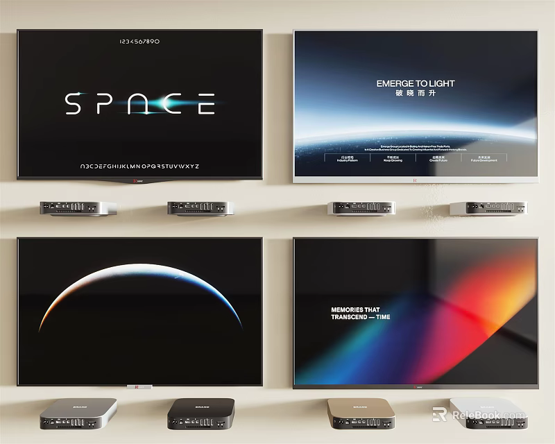 Multiple Modern Televisions Display SPACE Starry Night Earth Arc And Color Gradient Screens 3d model 