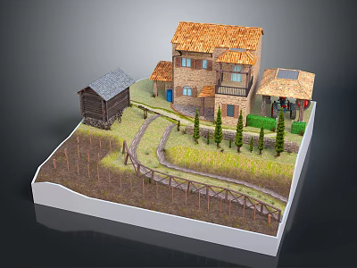 Cartoon Village Scene With Brown Roof House Small Cottage Fenced Path Green Grass And Trees 3d model