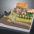 Cartoon Village Scene With Brown Roof House Small Cottage Fenced Path Green Grass And Trees