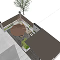 Modern Garden Landscape With Outdoor Sofa Fire Pit Umbrella And Lush Trees