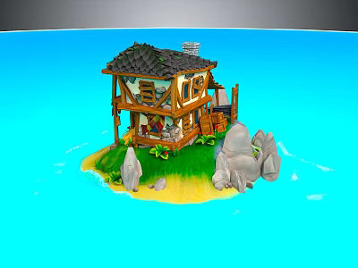 Two Story Wooden Cabin On Small Island With Green Grass Sandy Shore Rocks And Blue Water 3d model