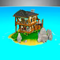 Two Story Wooden Cabin On Small Island With Green Grass Sandy Shore Rocks And Blue Water