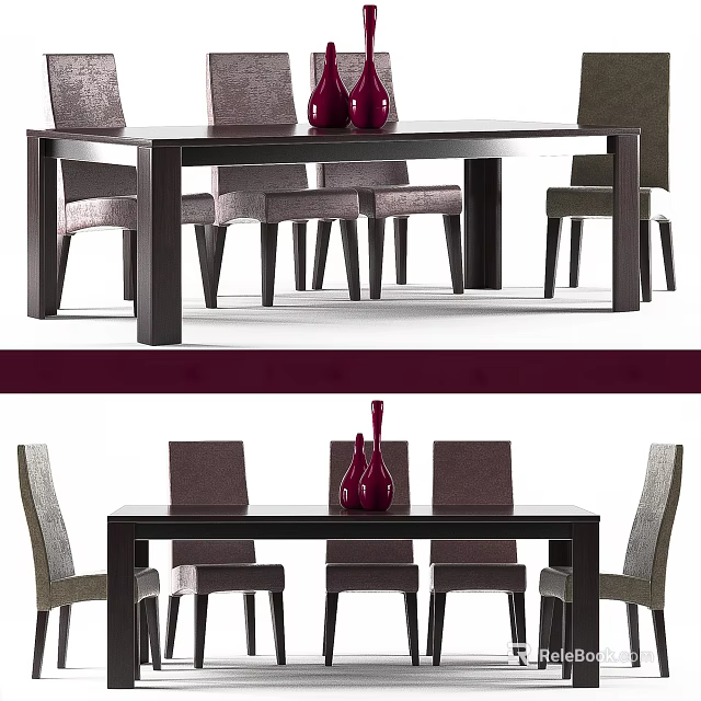 Modern Dining Table Set With Matching Chairs And Red Decorative Vases 3d model