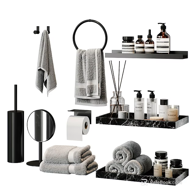 Essential Bathroom Accessories Including Towels Towel Rack Diffusers Toiletries Tray And Mirror 3d model 