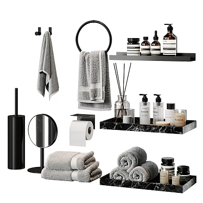 Essential Bathroom Accessories Including Towels Towel Rack Diffusers Toiletries Tray And Mirror 3d model