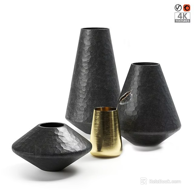 Black and Gold Hammered Texture Various Shapes Vases Decorative Ornament Set for Modern Home Decor 3d model 