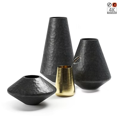 Black and Gold Hammered Texture Various Shapes Vases Decorative Ornament Set for Modern Home Decor 3d model