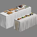 Long Dining Tables With White Tablecloths Displaying Various Foods Including Bread Fruits Desserts And Beverages