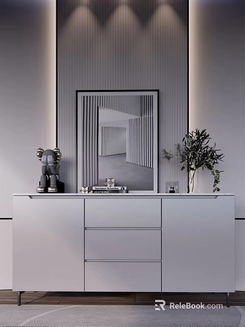 Modern White Entryway Console Table with Mirror Striped Wall Green Plant and Decorations 3d model 