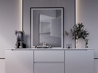Modern White Entryway Console Table with Mirror Striped Wall Green Plant and Decorations 3d model