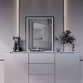 Modern White Entryway Console Table with Mirror Striped Wall Green Plant and Decorations