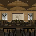 School Dining Hall Interior With Wooden Ceiling Long Tables Chairs And Windows