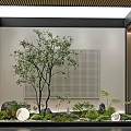 Serene Indoor Landscape With Tree Greenery Stone Decor Grid Wall And Lighting