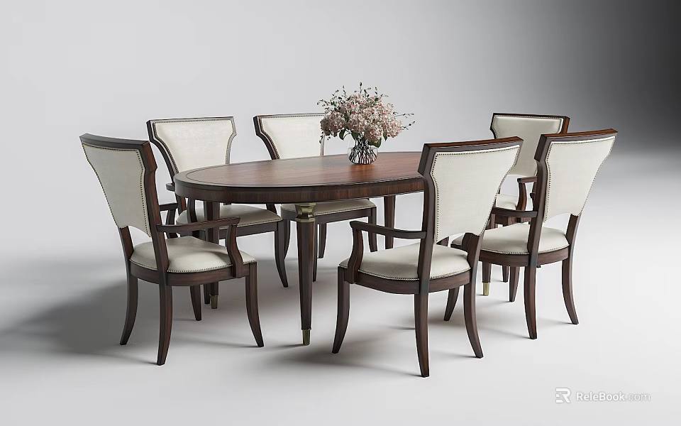Elegant Wooden Oval Dining Table Set With Six Upholstered Chairs And Floral Vase 3d model 