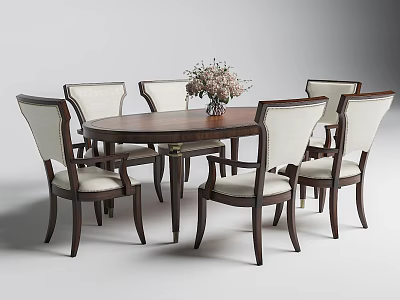 Elegant Wooden Oval Dining Table Set With Six Upholstered Chairs And Floral Vase 3d model
