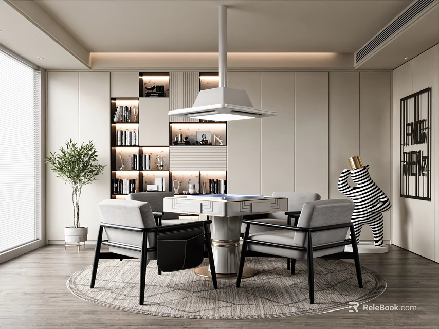 Modern Recreational Space With Mahjong Table And Bookshelves 3d model 