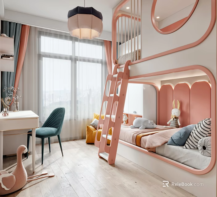 Kids Room Interior With Pink Frame Bunk Bed Ladder Desk Green Chair And Stuffed Toys 3d model 