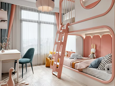 Kids Room Interior With Pink Frame Bunk Bed Ladder Desk Green Chair And Stuffed Toys 3d model