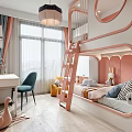 Kids Room Interior With Pink Frame Bunk Bed Ladder Desk Green Chair And Stuffed Toys