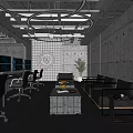 Industrial Modern Office with Gray Sofa Desk Computers Round Pendant Lights Green Plant Concrete Walls