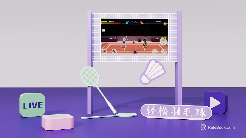 Relaxing Badminton Game Setup With Screen Display Racket Shuttlecock And Accessories 3d model