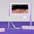 Relaxing Badminton Game Setup With Screen Display Racket Shuttlecock And Accessories 3d model