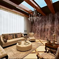 Elegant Office Interior With Wooden Ceiling Skylights Chandeliers Armchairs And Round Coffee Table