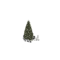 Green Festive Christmas Tree Decorated With White Balls Black Stars And Glass Jars With Figurines